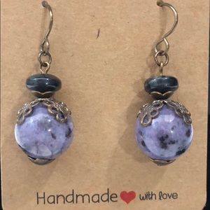 PURPLE AMETHYST GEMSTONE  EARRING - ANTIQUE BRONZE DANGLE ROUND BEADS